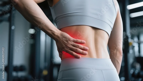 A fitness enthusiast presses the painful area of their waist in the gym, showing waist discomfort after exercise, conveying a health-related visual atmosphere.