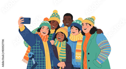 Diverse group of friends taking cheerful selfie together, bundled up in cozy winter hats and scarves, spreading joy and togetherness