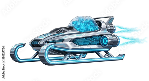 Futuristic tech sleigh with vibrant neon accents zipping through cyberspace filled with digital presents and a modern festive spirit