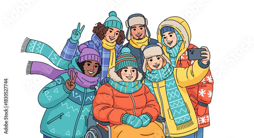 Cheerful group of friends celebrate winter together taking a selfie with a woman in a wheelchair smiling in colorful winter clothing