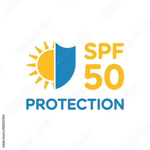 Spf 50 sun protection label icon with shield and sun symbol graphic