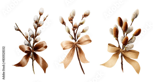 Watercolor Easter bouquet with willow branches, pussy catkins, and spring flowers. Soft brown twigs tied with ribbon bow create festive seasonal decoration.