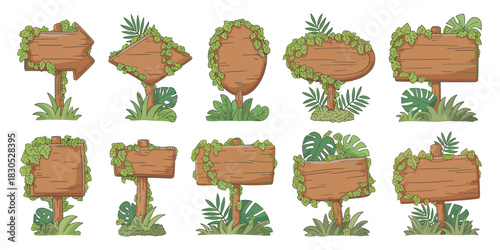 Collection of rustic wooden jungle signs with tropical foliage