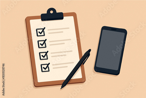 Minimal vector illustration of a checklist clipboard with check marks, a pen, and a smartphone. Perfect for task management, productivity, planning, reminders, schedules, to-do lists, and business con