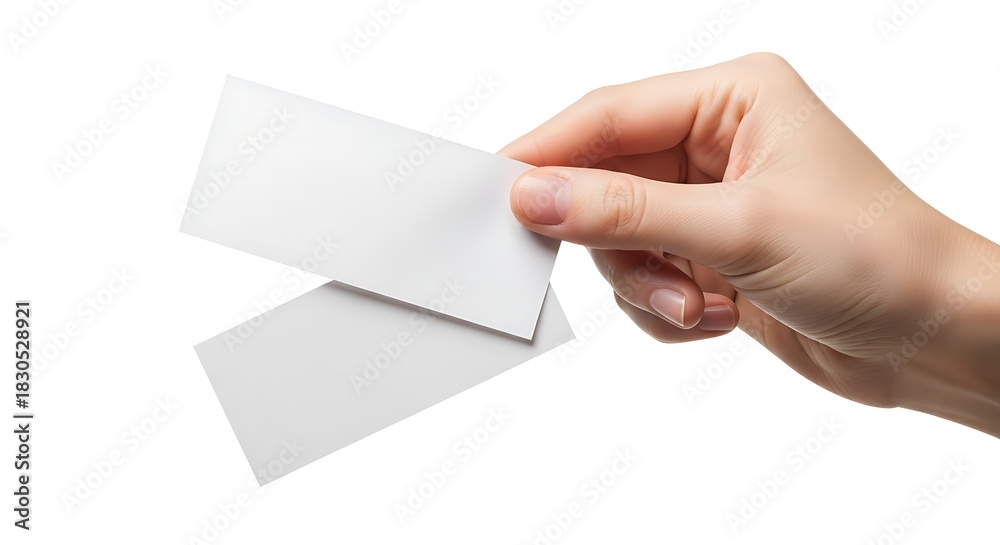 Fototapeta premium Hand Holding Two Blank White Business Cards on a White Background photo dbc73940ace88099441467995c2e31f2dr