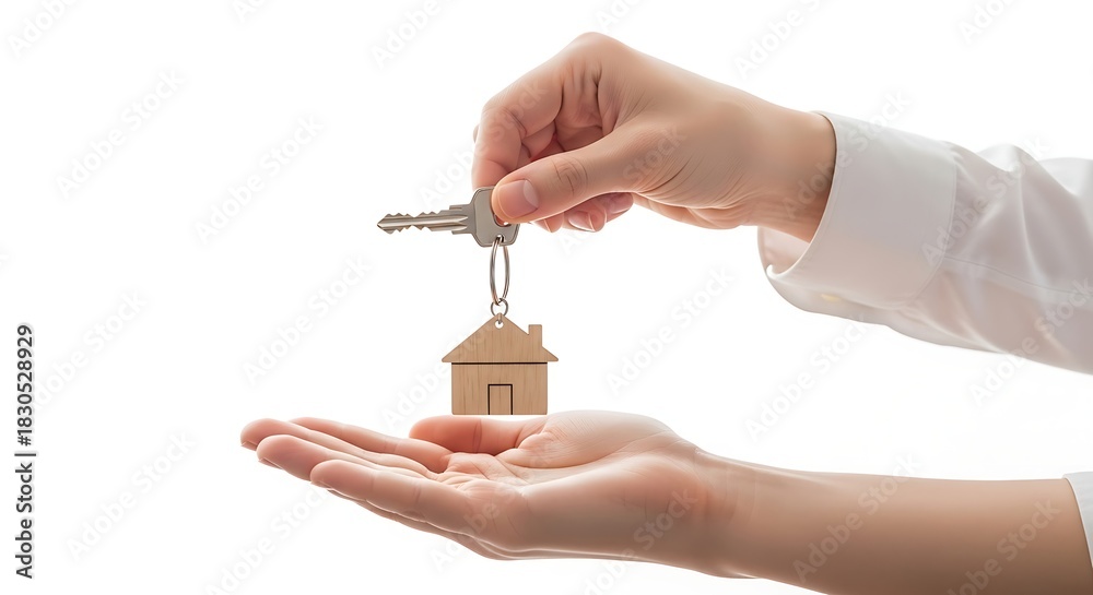 Obraz premium Hand Passing a House Key with a Wooden House Charm on a White Background photo whisk