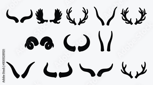 Collection of animal horns antlers silhouettes in black and white style