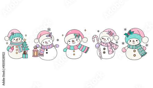 Cute Snowmen Line-Up – Pastel Christmas Characters – on Transparent Background Vector. Sweet pastel snowman lineup with winter accessories, perfect for children’s products, Christmas card, branding 