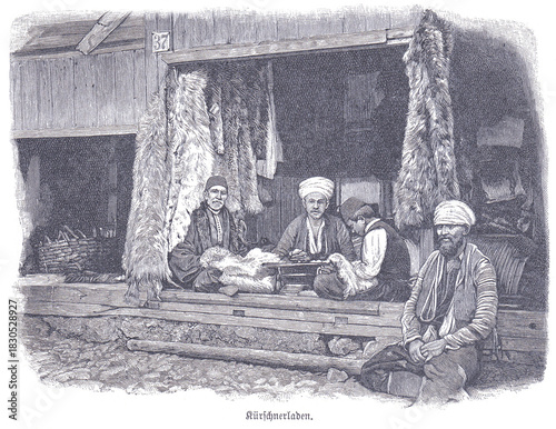 Engraving of a traditional furrier shop (kozarska radnja) in Sarajevo, featuring craftsmen at work and fur pelts hanging, depicting 19th-century trade and daily life