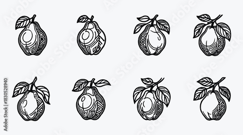 Black and white pear fruit pattern design with leaves illustration