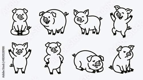 Cute Pig Cartoon Characters Vector Illustration for Farm Animals Design