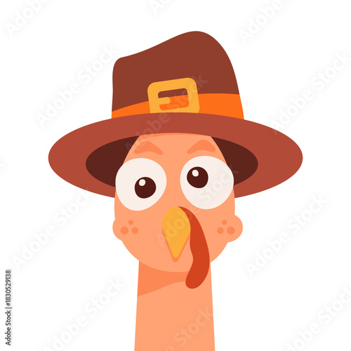 Turkey Face isolated. Character flat design. Vector illustration. Thanksgiving day decoration element for poster banner card sale