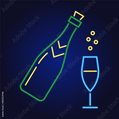 Champagne bottle with glass neon icon – celebration and New Year party vector illustration
