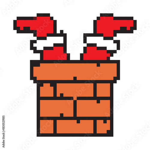 Santa Claus stuck in chimney pixel icon – editable stroke Christmas vector illustration.