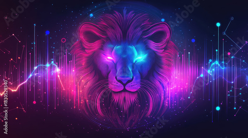 Leo zodiac sign head art glowing with vibrant neon colors. Representing strength. Power. And digital astrology. Surrounded by abstract cosmic data and futuristic connecting lines in a starry universe