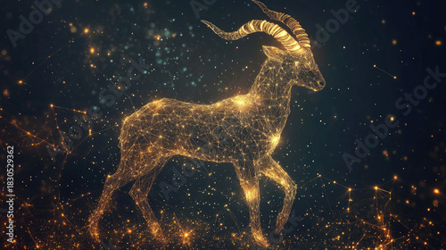 Capricorn zodiac constellation in minimal line art style, thin golden lines forming goat shape on dark background, modern mystical astrology design with celestial elements and copy space for text