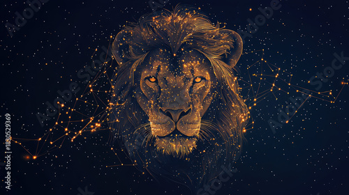 Leo zodiac constellation in minimal line art style, created with thin golden lines on black background, elegant modern astrology design highlighting celestial beauty with copy space for text