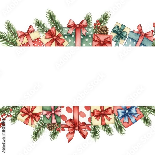 Festive Christmas frame with fir branches and gift boxes with white empty space in the center for text, greetings and messages