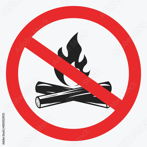 Isolated illustration silhouette prohibition sign  ignition campfire this area. No campfire sign.