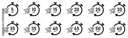 Collection of fast timer icons with minute labels from 5 to 60. Countdown timer symbol icon set. Label cooking time.