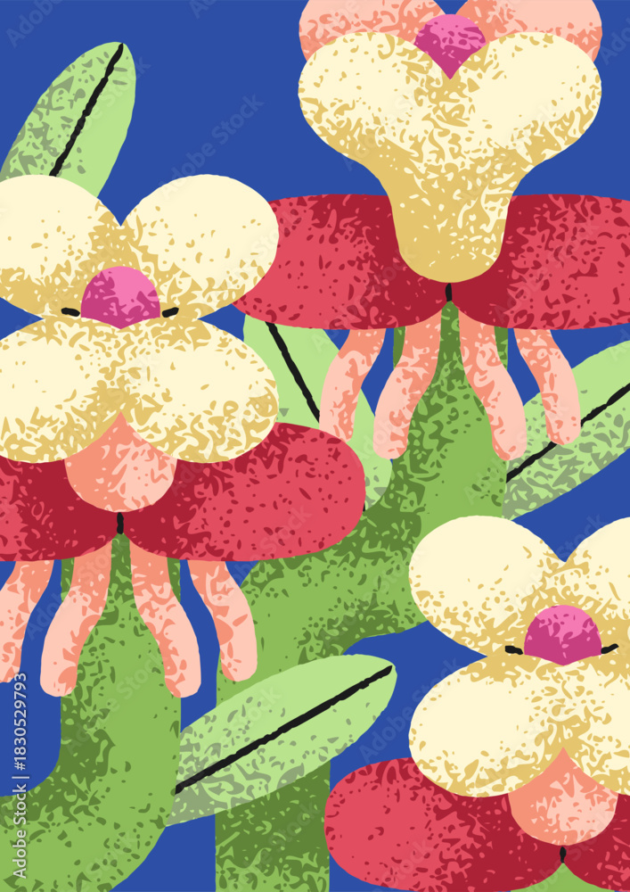 Fototapeta premium Floral background with blossoms. Flower blooms, abstract garden nature, creative whimsical botanical poster, vertical postcard. Spring plant, summer card, fairytale style. Flat vector illustration