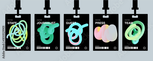 Plastic badges id card badges in a futuristic style. Journalist, guest, staff. Identification cards on a string, entrance ticket, pass.