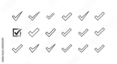Set of various check marks and checkboxes in different styles and orientations