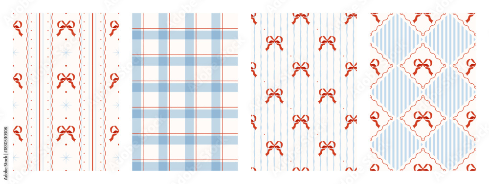 Fototapeta premium Wrapping paper seamless pattern set. Coquette cute print. Xmas plaid texture with red bow and ribbons. Soft feminine print. Preppy wallpaper. Blue checkered background. Vector illustration