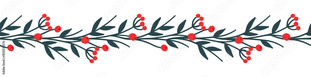 Obraz premium Christmas seamless floral frame with winter holly berries. Winter festive print all around. Illustration of festive gift wrapping paper. Seamless vector pattern.