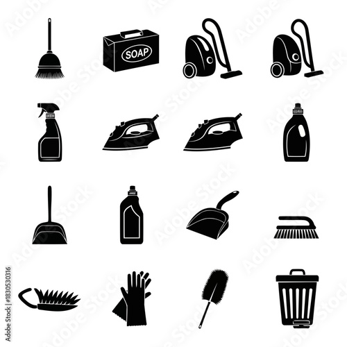 Black and white icons of cleaning tools and supplies including brooms, vacuum cleaners, mops, and more