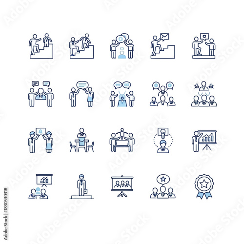 Set of icons representing various business and professional activities, including presentations, meetings, and awards