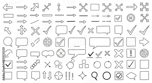 Collection of various icons and symbols including arrows, checkmarks, crosses, speech bubbles, and more