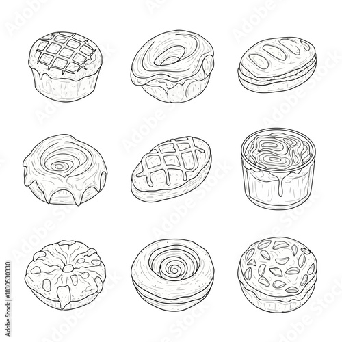 Assorted pastries and desserts with various toppings and fillings, including donuts, cakes, and cookies, illustrated in a sketch style
