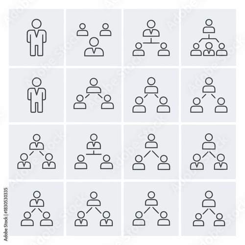 Set of icons representing different types of organizational structures and hierarchies