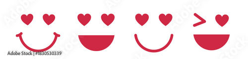 Valentine's Day smiley emoji icon element set.
Cute smiling face with heart eyes flat vector illustration.
Red silhouette.
White background.