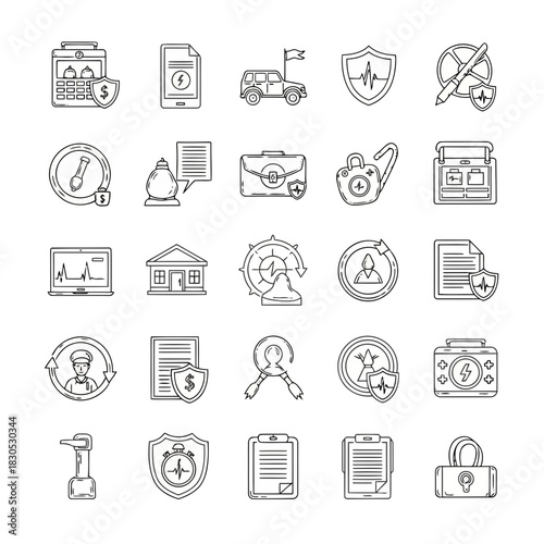 Set of various icons representing business, finance, security, and technology concepts