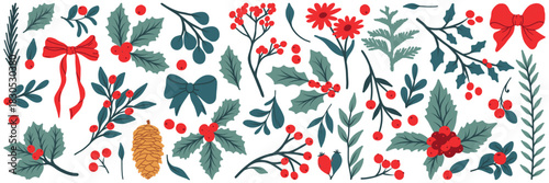 Hand-drawn winter botanical vector set with holly, pine branches, red berries, mistletoe and leaves. Flat modern Christmas clipart for holiday decoration and design.