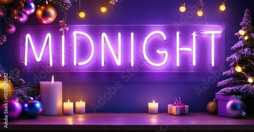 Bright neon sign spells MIDNIGHT. Festive decorations surround warm candlelight, creating cozy holiday ambiance. Dark background enhances vibrant glow.