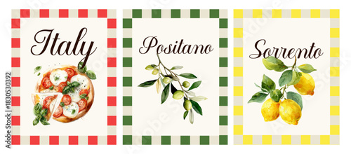 Amalfi Coast poster showcasing fresh lemon, margarita pizza, olives, and Italian coastal charm with watercolor art, Mediterranean summer travel postcard design inspiration