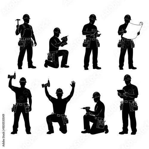 Silhouettes of construction workers in various poses with tools and equipment, representing different construction activities