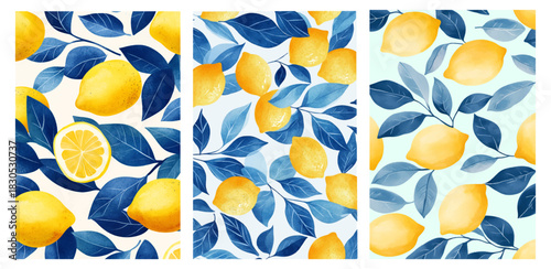 Summer collection of Amalfi Coast with Mediterranean Lemons. Lemon patterns. Vintage poster designs showcasing Sicily, Positano, Capri and coastal food culture.