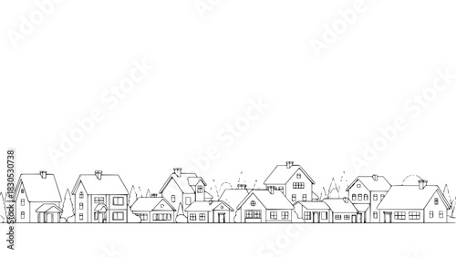 Illustrated row of cozy houses in winter setting for New Year, Christmas  