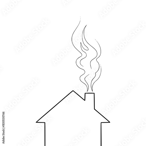 Outline of a house with smoke from chimney in minimalist style for New Year, Christmas  