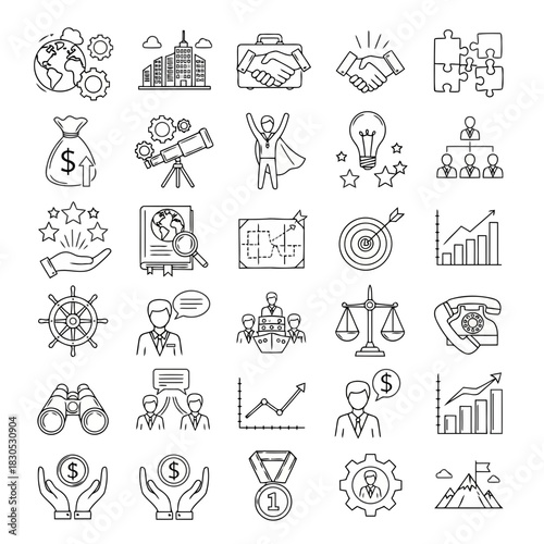 Set of business and finance icons including money, buildings, charts, and people in a minimalist line art style