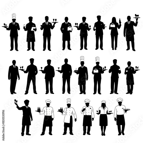 Set of diverse people in various professions and uniforms, including chefs, security guards, and service staff, standing in different poses