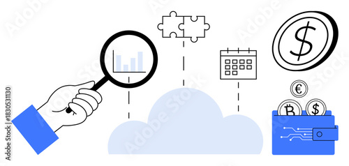 Hand holding magnifying glass inspecting graph, connected icons of calendar, puzzle, and digital wallet with currency elements. Ideal for data analysis, finance, productivity, cloud solutions