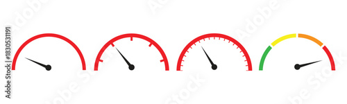 Set of speedometer gauges for performance and risk indicators. Vector scale, level of performance. Infographic of risk.