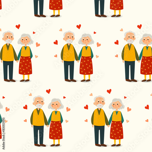Romantic seamless pattern for Valentine's Day with happy senior couple holding hands and hearts. Naive art style vector texture for wrapping paper, fabric, wallpaper, textile and scrapbooking.