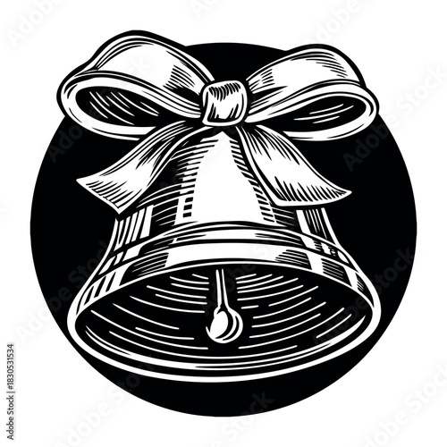 Vintage Engraving of Single Christmas Bell with Decorative Ribbon Bow Vector