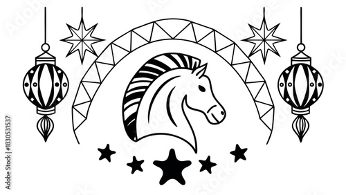 Outline Vector Horse and Ornaments: Chinese New Year 2026 Coloring Page or Line Art